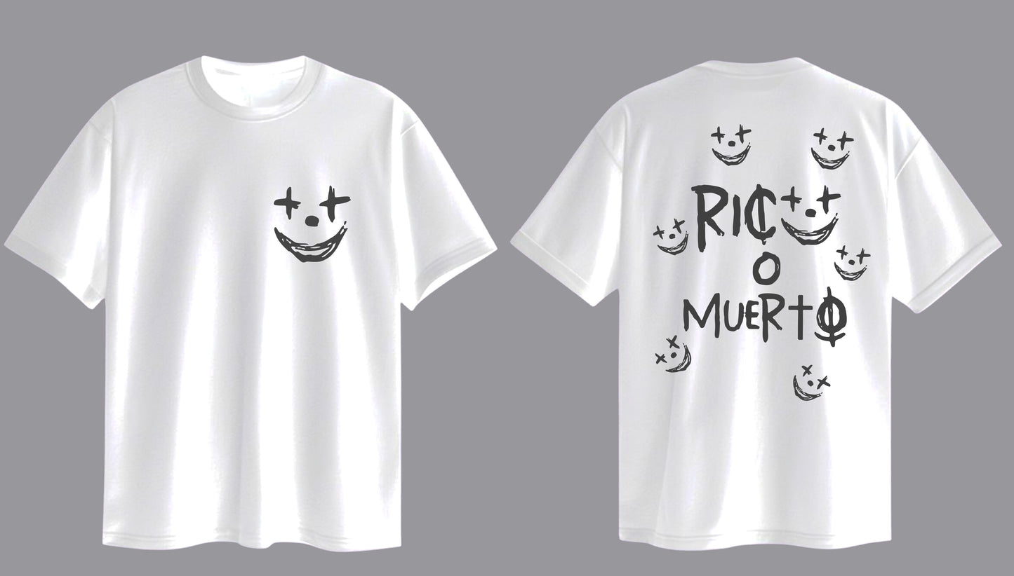 ROM – Rico o Muerto Tee (Blanco/Negro)